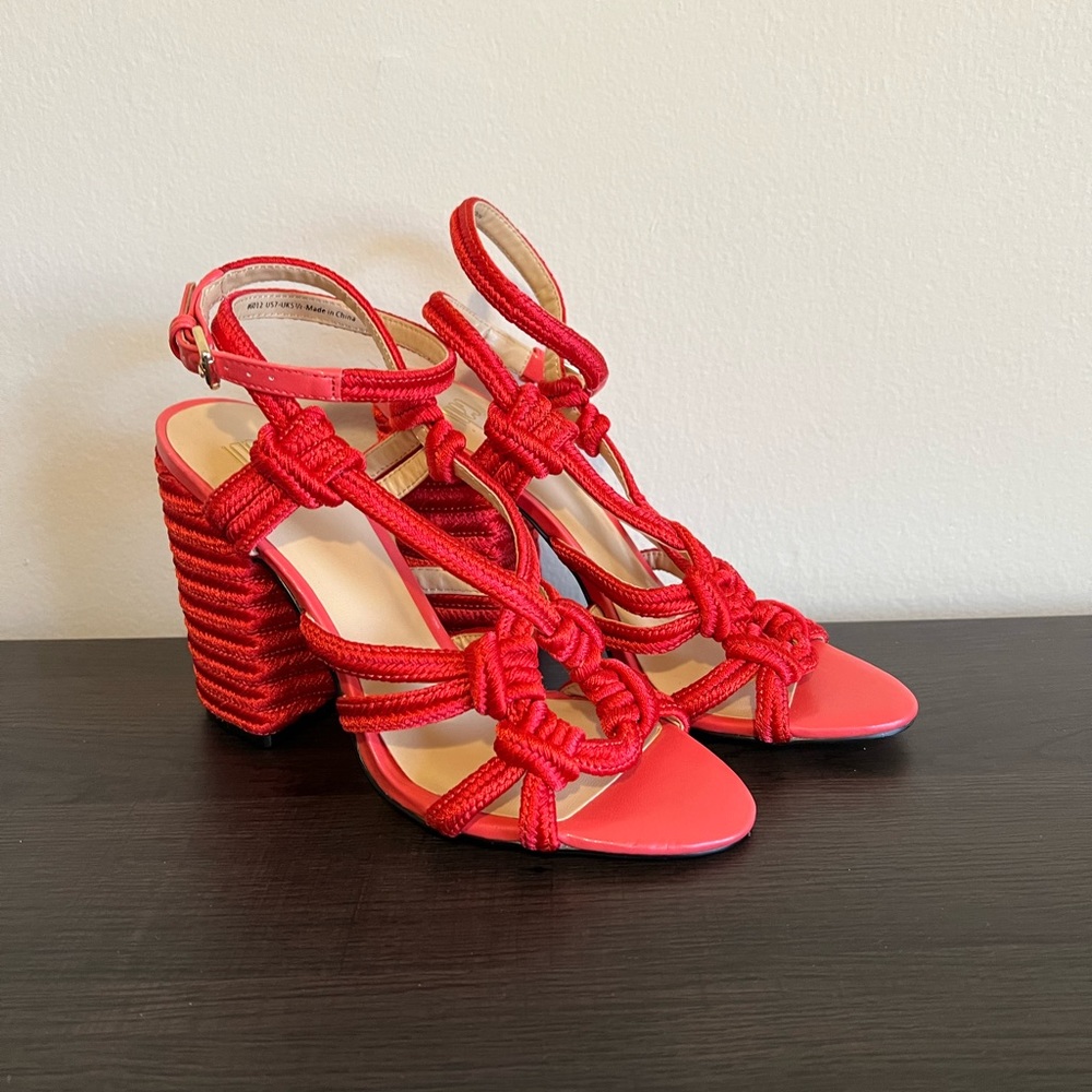NWOT CABI Tiptoe Bright Red Rope Sandals Heels Hibiscus